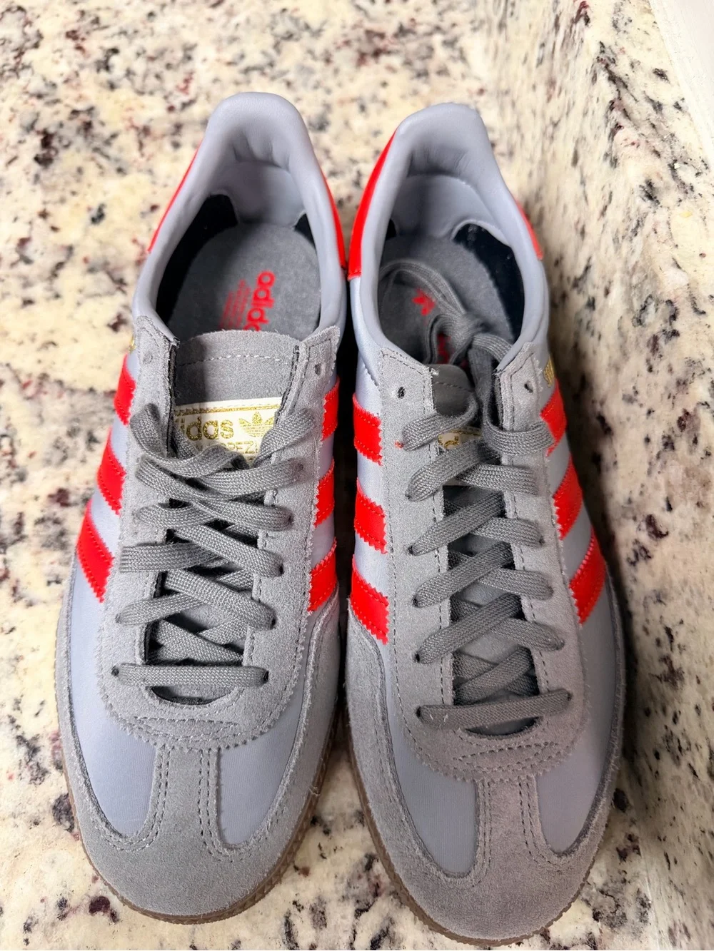 adidas Grey and Red Spezial Suede Sneakers